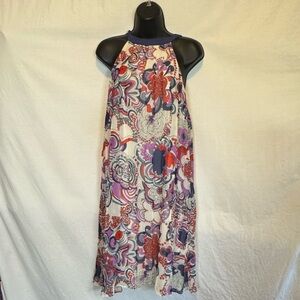 F-176 Liberty of London Blue & Cream Pleated Sleeveless MIDI Dress Size S